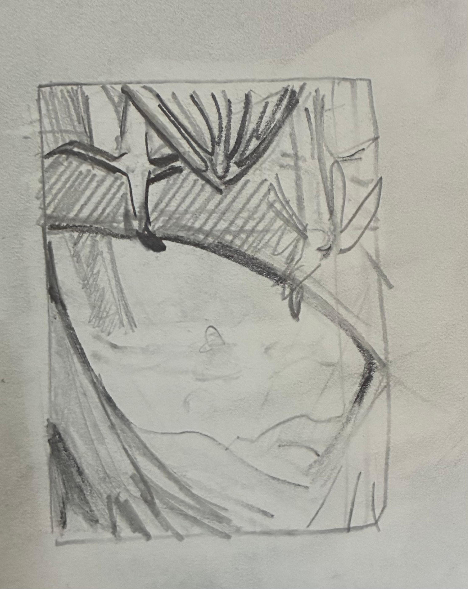 Pencil study of a forest path with a small butterfly and leafy plants