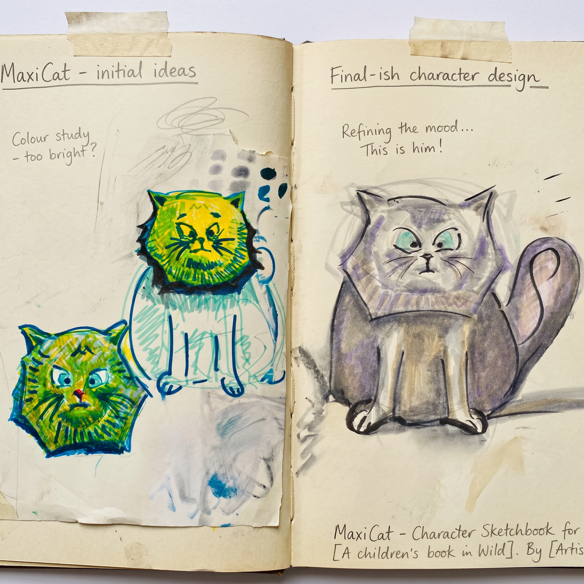 MaxiCat sketch drawings in Dylan's working sketchbook