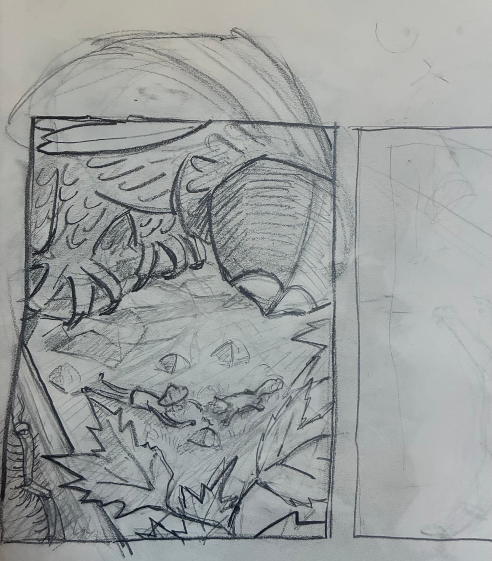 Rough pencil panel of an owl flying over a forest with a small cat below